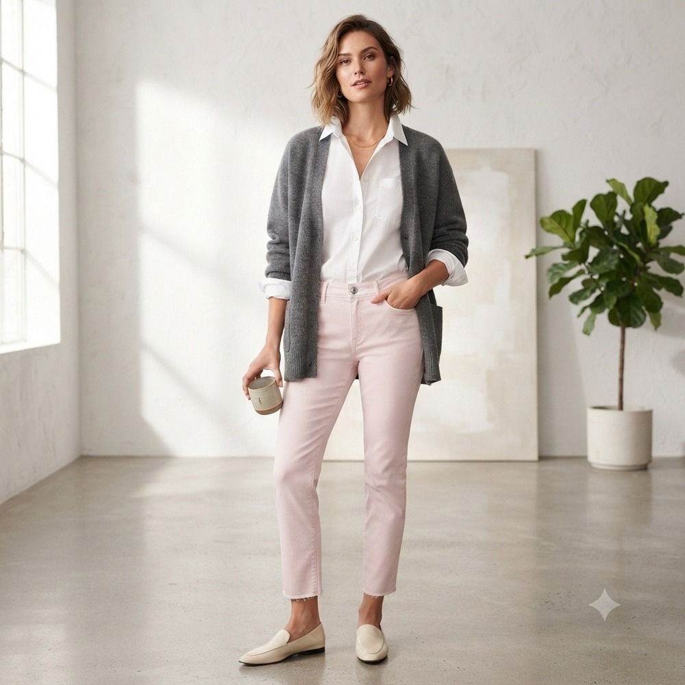 Ecru Cotton Twill Cropped Pants Raw Hem Light Pink 4